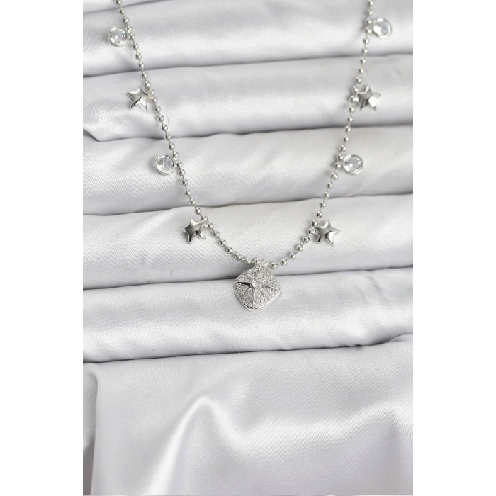 Pirinç Gümüş Renk Zirkon Taşlı Kutup Yıldızı Model Kadın Kolye