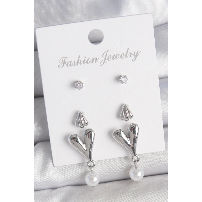 Pirinç Gümüş Renk Zirkon Taşlı Sallantılı Kalp Model 3 Çift Kadın Küpe Seti