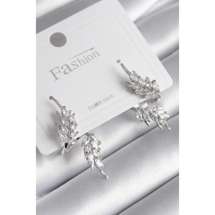 Pirinç Gümüş Renk Zirkon Taşlı Yaprak Model Kadın Küpe