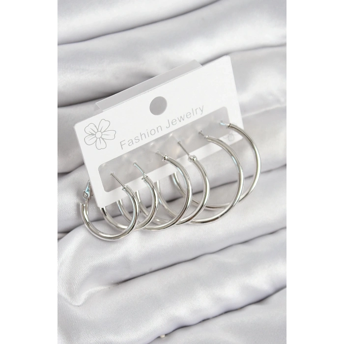 Pirinç Halka Model Gümüş Renk Kadın Set Küpe