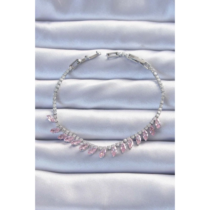 Pirinç Vip Seri Gümüş Renk Pembe Zirkon Taşlı Bileklik