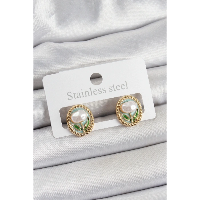 Pirinç Yeşil Mineli Lale Figürlü Sanatsal Portre Model Gold Renk Kadın Küpe