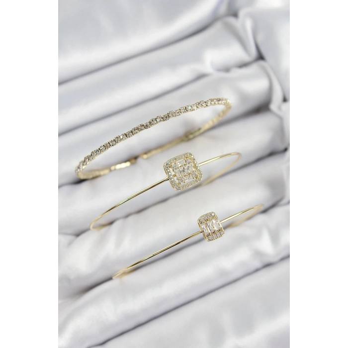 Pirinç Zirkon Taşlı Baget Model Gold Renk Vip 3lü Kadın Bileklik