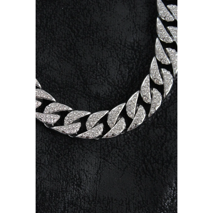 Pirinç Zirkon Taşlı Cuba Gurmet Model Gümüş Renk Erkek Kolye