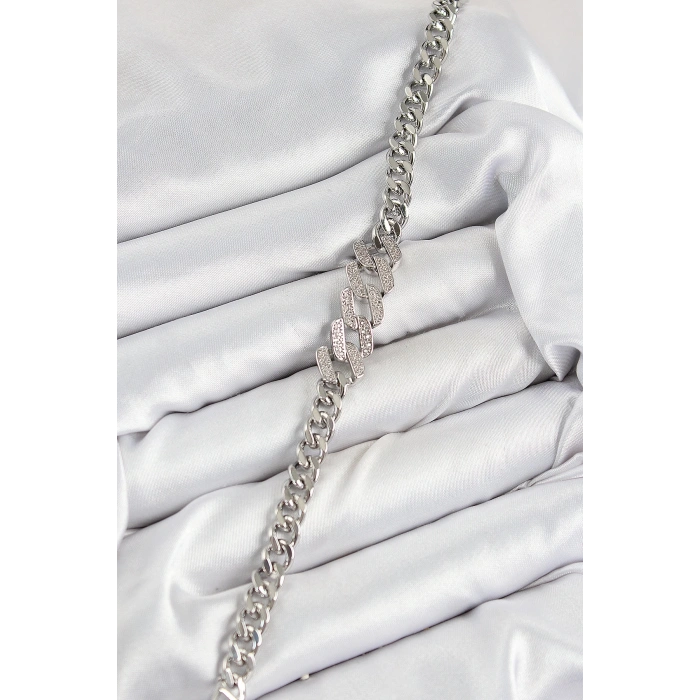 Pirinç Zirkon Taşlı Ezme Küba Zincir Model Gümüş Renk Kadın Bileklik