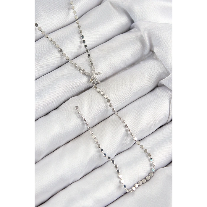 Pirinç Zirkon Taşlı Ezme Zincirli Deniz Yıldızı Model Gümüş Renk Y Kolye