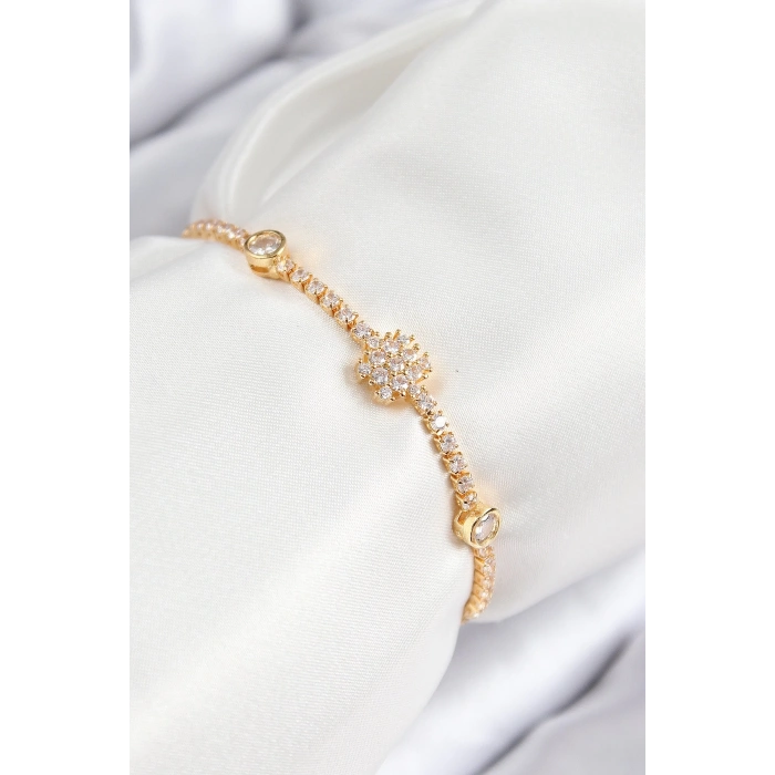 Pirinç Zirkon Taşlı Kar Tanesi Model Gold Renk Asansörlü Kadın Bileklik