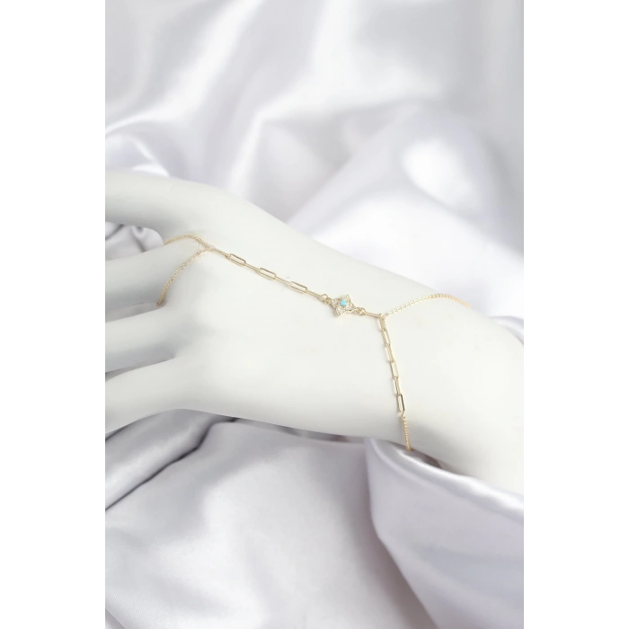 Pirinç Zirkon Taşlı Mavi Boncuklu Yonca Model Gold Renk Şahmeran