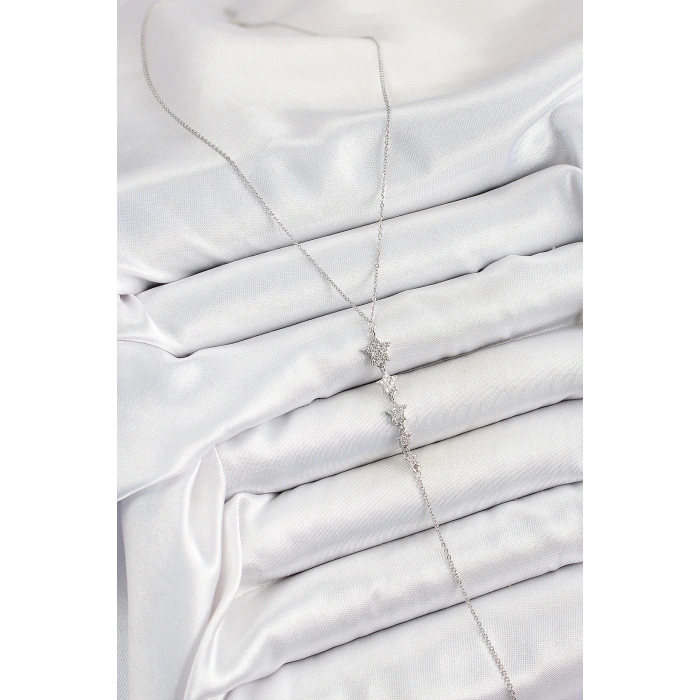 Pirinç Zirkon Taşlı Sıralı Yıldız Figürlü Y Model Gümüş Renk Kadın Kolye