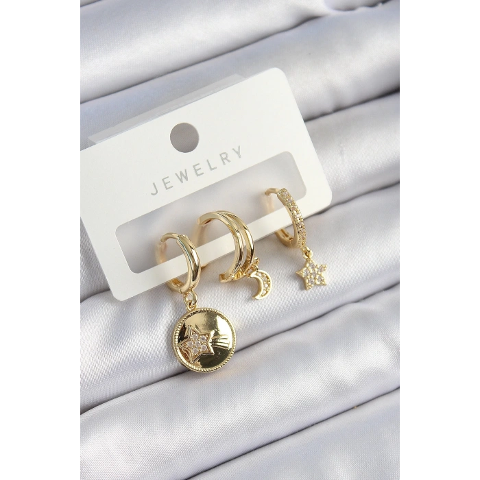 Pirinç Zirkon Taşlı Yıldız Ve Ay Model Gold Renk 3lü Çift Kadın Küpe Set
