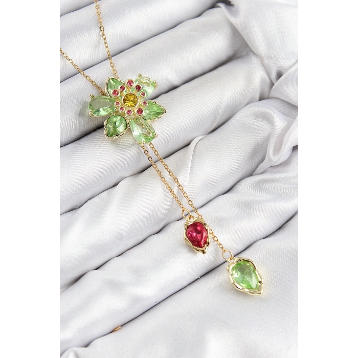 VIP Pirinç Zirkon Taşlı Çiçek Model Gold Renk Asansörlü Kadın Kolye