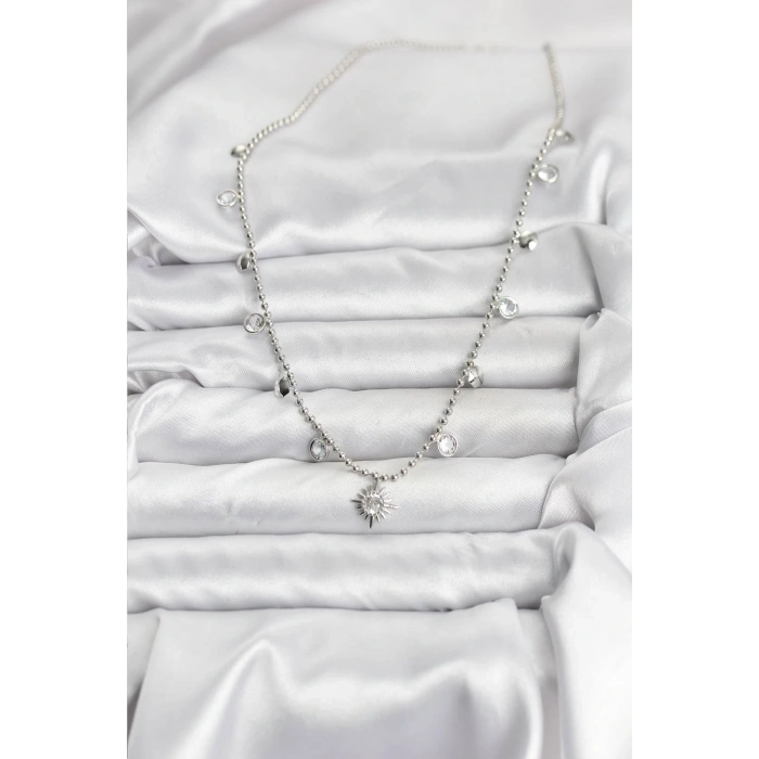 Zirkon Taşlı Kutup Yıldızı Model Pirinç Gümüş Renk Kadın Kolye