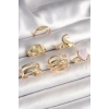 Pirinç Gold Renk Pembe Damla Mineli Sarmal İşleme Detaylı 6Lı Kadın Yüzük Seti