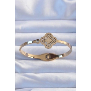 316L Çelik Altın Renk Zirkon Taşlı Simli Yonca Kelepçe