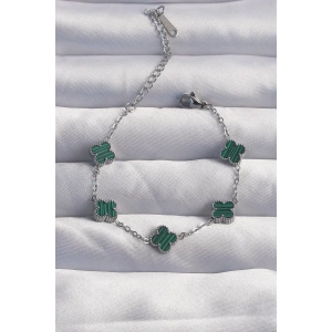 316L Çelik Baby Boy Gümüş Renk Çizgili Yeşil Mineli Yonca Bileklik