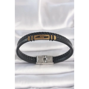316L Çelik Gold Renk Aksesuarlı Çift Sıra Siyah Burgu Desenli Deri Kordon Erkek Bileklik