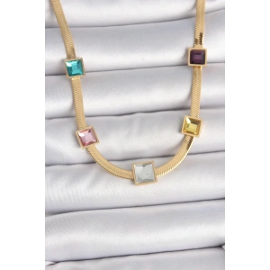 316L Çelik Gold Renk İtalyan Zincir Model Kare Renkli Zirkon Taşlı Kadın Kolye