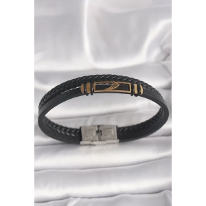 316L Çelik Gold Renk Kanat Aksesuarlı Siyah Burgu Model Deri Kordon Erkek Bileklik
