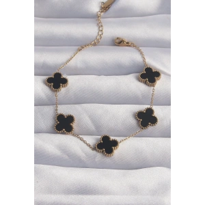 316L Çelik Gold Renk Siyah Mineli Yonca Bileklik