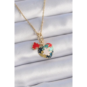 316L Çelik Gold Renk Yapboz Motif Kalp Figür Charm Model Kadın Kolye