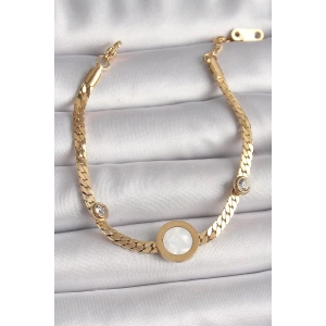 316L Çelik Gold Renk Yassı Zincir Model Zirkon Taş Detaylı Beyaz Mineli Madalyon Model Kadın Bileklik
