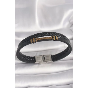 316L Çelik Gold Renk ZikZak İşlemeli Aksesuarlı Çift Sıra Burgu Desenli Deri Kordon Erkek Bileklik