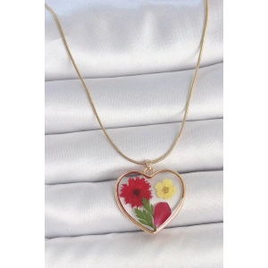 316L Çelik Gold Renk Zincir Epokis Kalp Doğal Çiçek Model Kadın Kolye