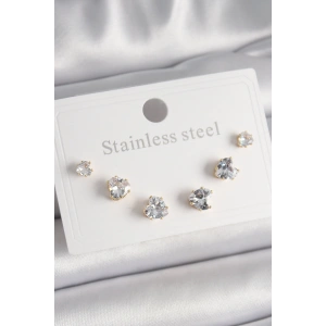 316L Çelik Gold Renk Zirkon Taşlı Kalp Model Kadın Küpe Seti