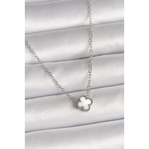316L Çelik Gümüş Renk Beyaz Yonca Model Kadın Kolye