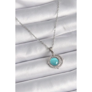 316L Çelik Gümüş Renk Mavi Sedefli Hilal Model Kadın Kolye