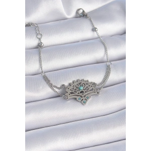 316L Çelik Gümüş Renk Mavi Taşlı Etnik Desen Kadın Bileklik