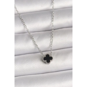 316L Çelik Gümüş Renk Siyah Yonca Model Kadın Kolye