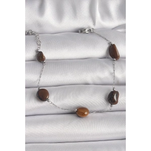 316L Çelik Gümüş Renk Zincir Kahverengi Doğaltaş Model Kadın Bileklik