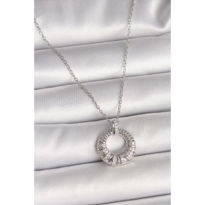 316L Çelik Gümüş Renk Zincir Zirkon Taş İşlemeli Daire Model Kadın Kolye