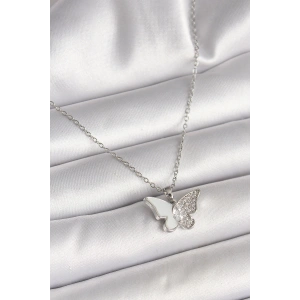316L Çelik Gümüş Renk Zincir Zirkon Taşlı Beyaz Mineli Kelebek Model Kadın Kolye