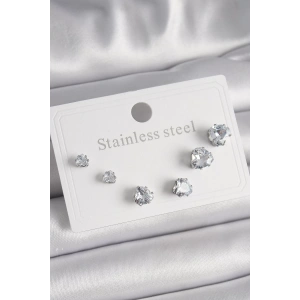 316L Çelik Gümüş Renk Zirkon Taşlı Kalp Model Kadın Küpe Seti