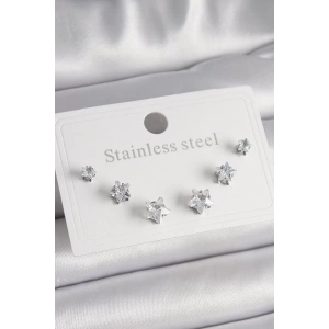 316L Çelik Gümüş Renk Zirkon Taşlı Yıldız Model Kadın Küpe Seti