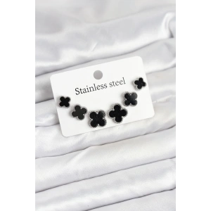 316L Çelik Gümüş Siyah Renk 3 Boy Yonca Küpe Seti