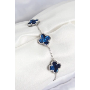 316L Çelik Sedefli Lacivert Gümüş Renk Yonca Kadın Bileklik