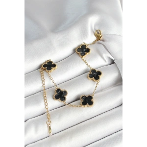 316L Çelik Sedefli Siyah Gold Renk Yonca Kadın Bileklik