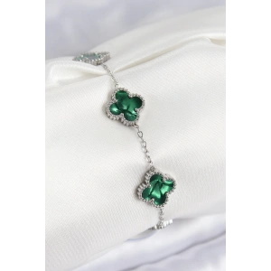 316L Çelik Sedefli Zümrüt Yeşil Gümüş Renk Yonca Kadın Bileklik