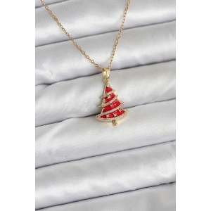 316L Çelik Zincir Gold Renk Kırmızı Çam Ağacı Model Yılbaşı Temalı Kadın Kolye