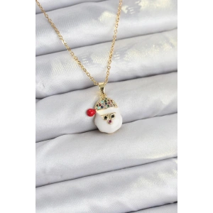 316L Çelik Zincir Gold Renk Şapkalı Kardan Adam Kafası Model Yılbaşı Temalı Kadın Kolye