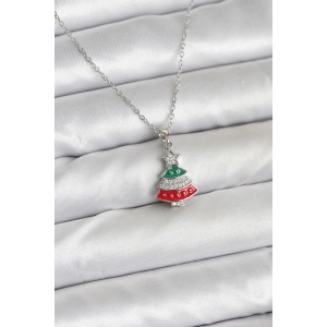 316L Çelik Zincir Gümüş Ren Çam Ağacı Model Zirkon Taşlı Yılbaşı Temalı Kadın Kolye