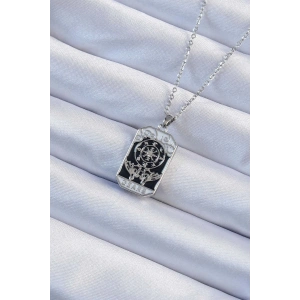 316L Çelik Zincir Gümüş Renk İşlemeli Siyah Mineli Tarot Kolye