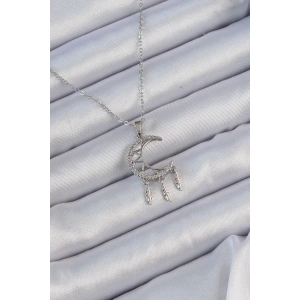 316L Çelik Zincir Gümüş Renk İşlemeli Zirkon Taşlı Ay Kolye