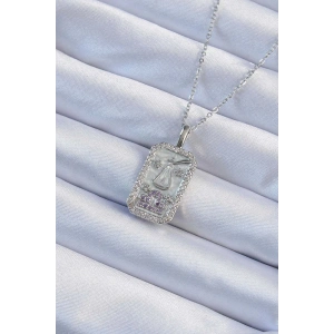 316L Çelik Zincir Gümüş Renk Lila Zirkon Taşlı Tarot Kolye