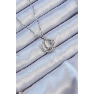 316L Çelik Zincir Gümüş Renk Zirkon Taşlı Ay Yıldız Simgeli Atatürk Kolye