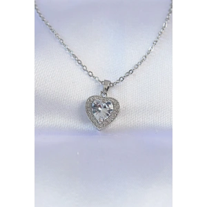 316L Çelik Zincir Gümüş Renk Zirkon Taşlı Charm Kalp Kolye