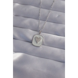 316L Çelik Zincir Mermer Desenli Gümüş Renk Zirkon Taşlı Kalp Model Kolye